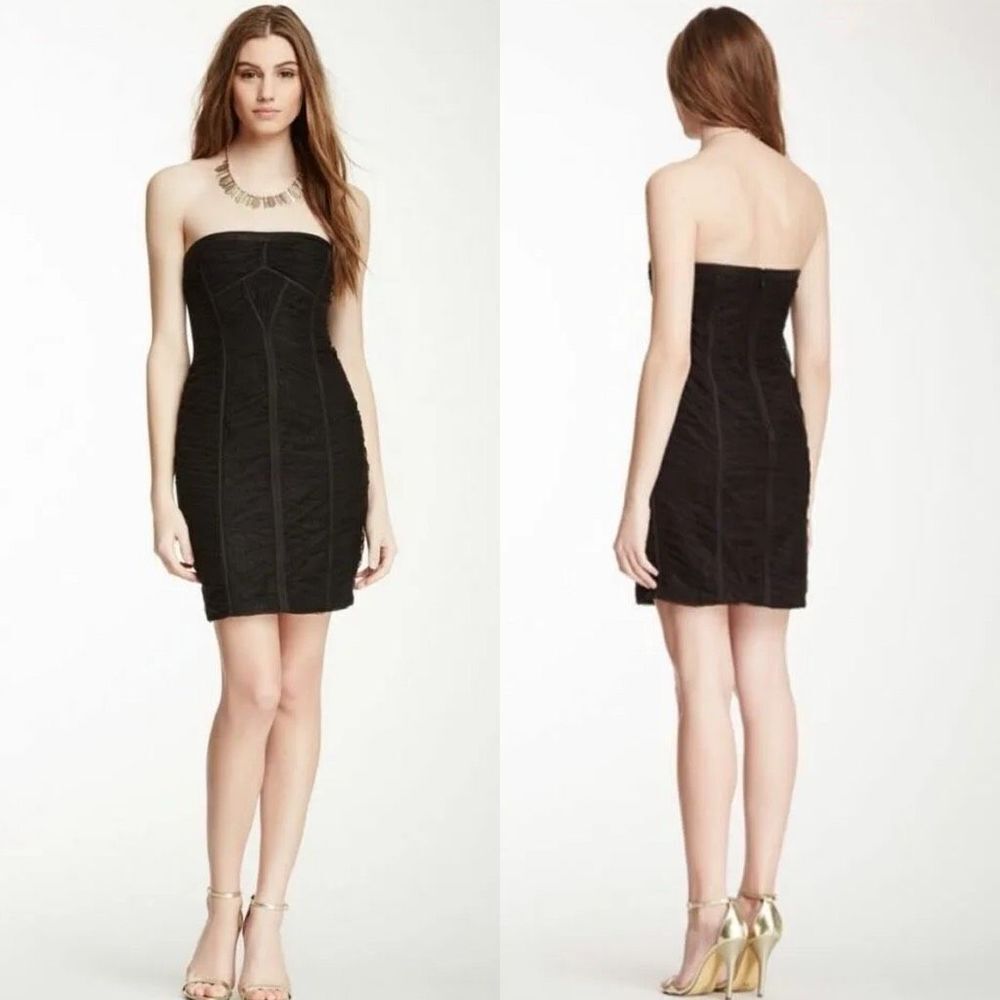 NEW BCBG Max Azria Sela Tulle Knit Strapless Dress,Ruched, Black Size 8.